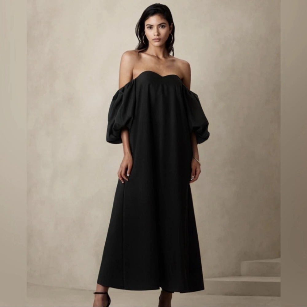 NWT! Banana Republic Black Puff Sleeve Maxi Dress 629707 🍄 🌅5️⃣